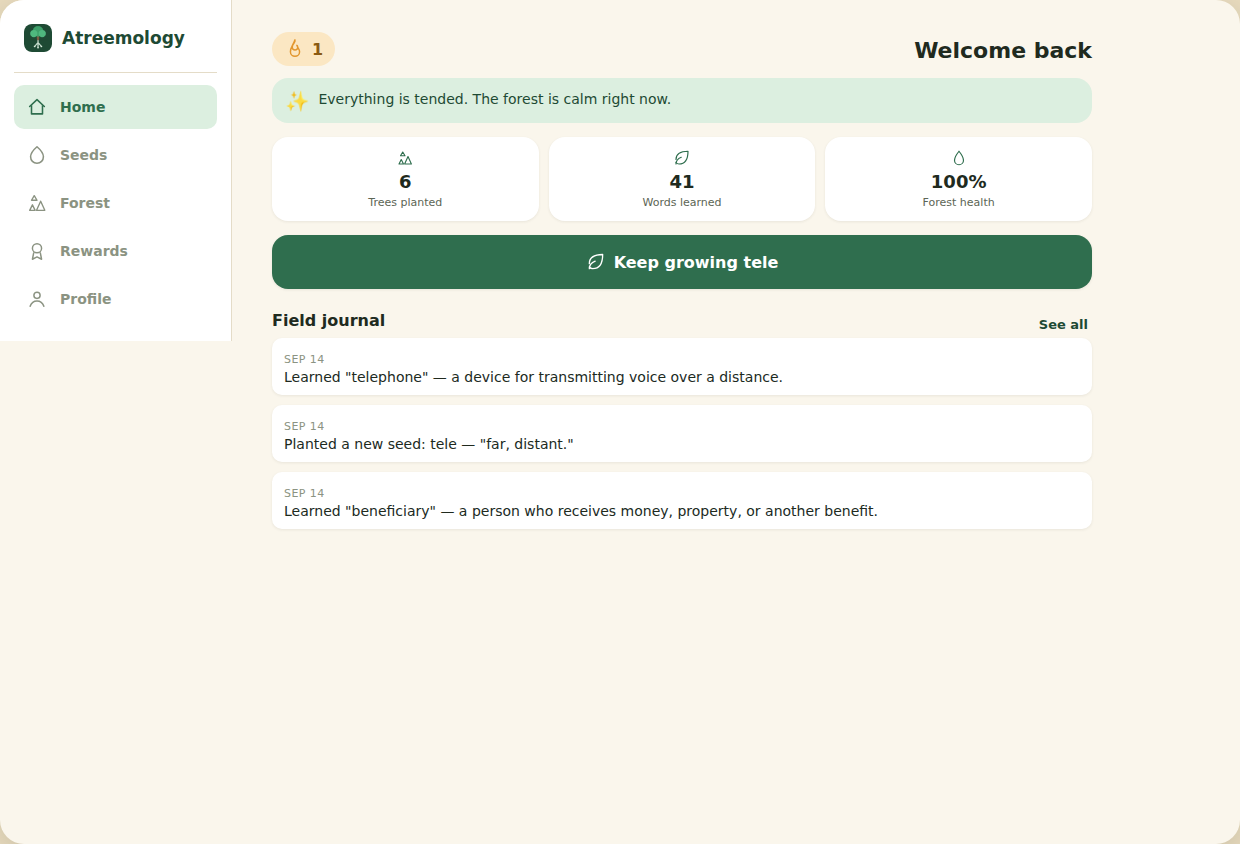 Atreemology home screen, showing trees planted, words learned, and a field journal of recent progress